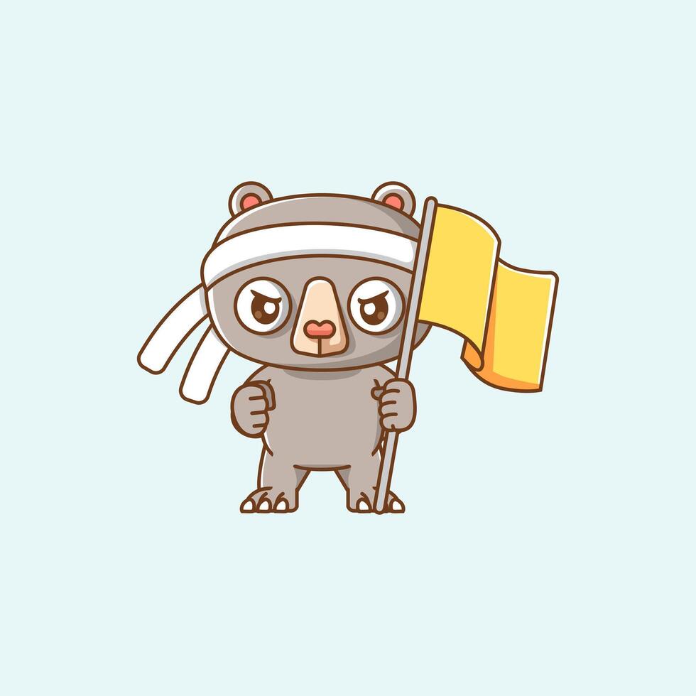 Cute bear shouting with the flag and headband kawaii chibi character mascot illustration outline style design vector