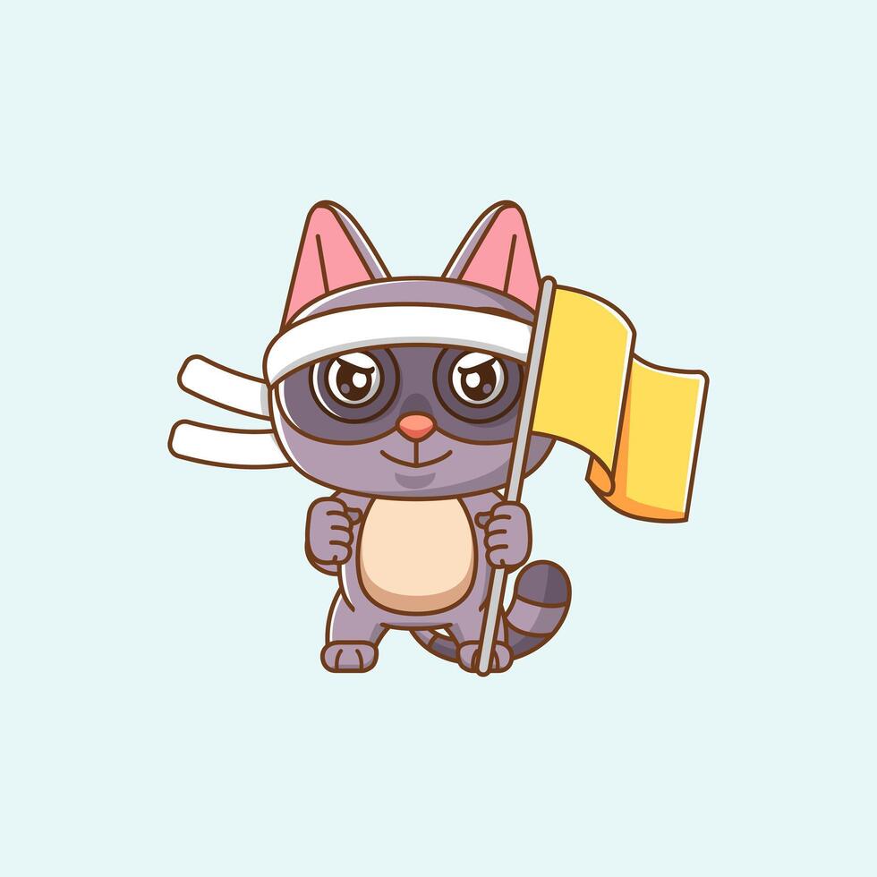 Raccoon cute shouting with the flag and headband kawaii chibi character mascot illustration outline style design vector