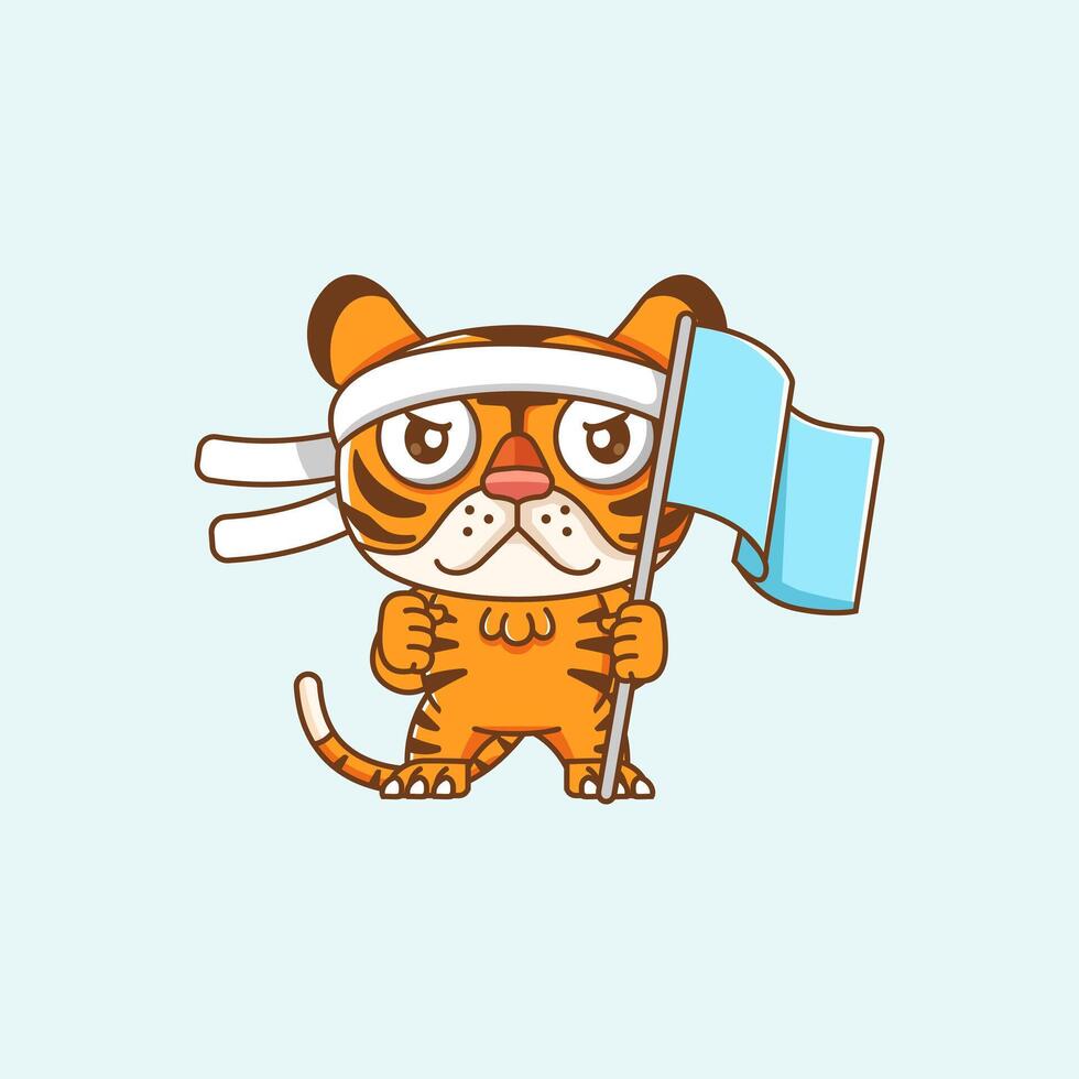 Tiger shouting with the flag and headband kawaii chibi character mascot illustration outline style design vector