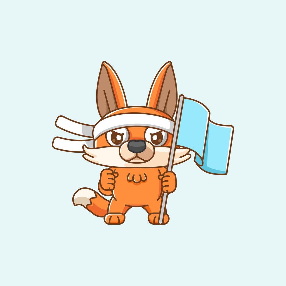Cute fox shouting with the flag and headband kawaii chibi character mascot illustration outline style design vector