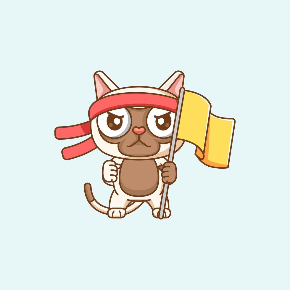 Cute cat shouting with the flag and headband kawaii chibi character mascot illustration outline style design vector