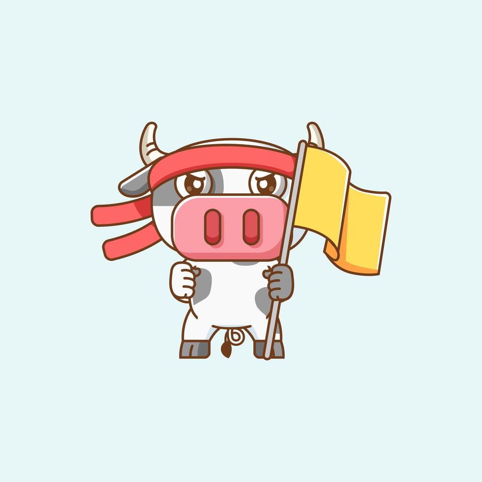 Cute cow shouting with the flag and headband kawaii chibi character mascot illustration outline style design vector