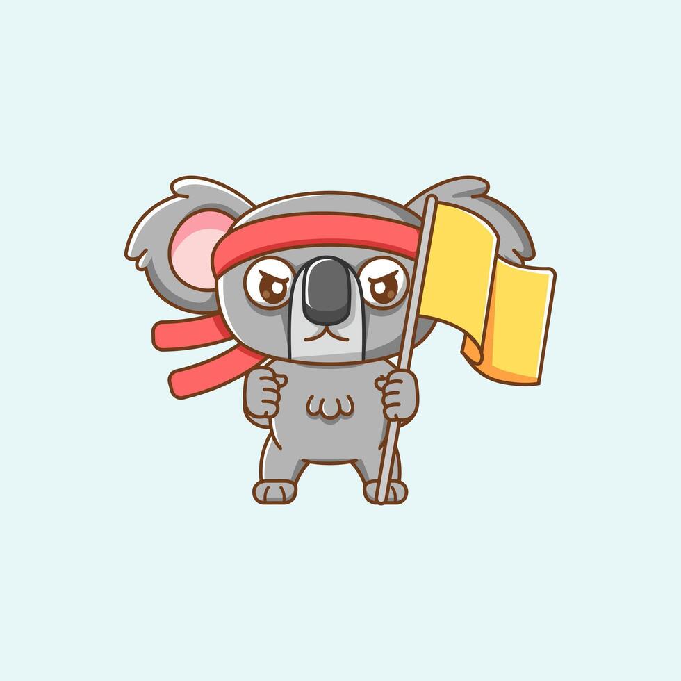 Cute koala shouting with the flag and headband kawaii chibi character mascot illustration outline style design vector
