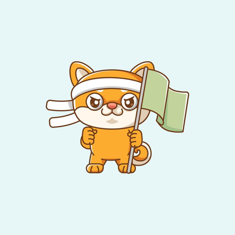 Cute shiba inu dog shouting with the flag and headband kawaii chibi character mascot illustration outline style design vector