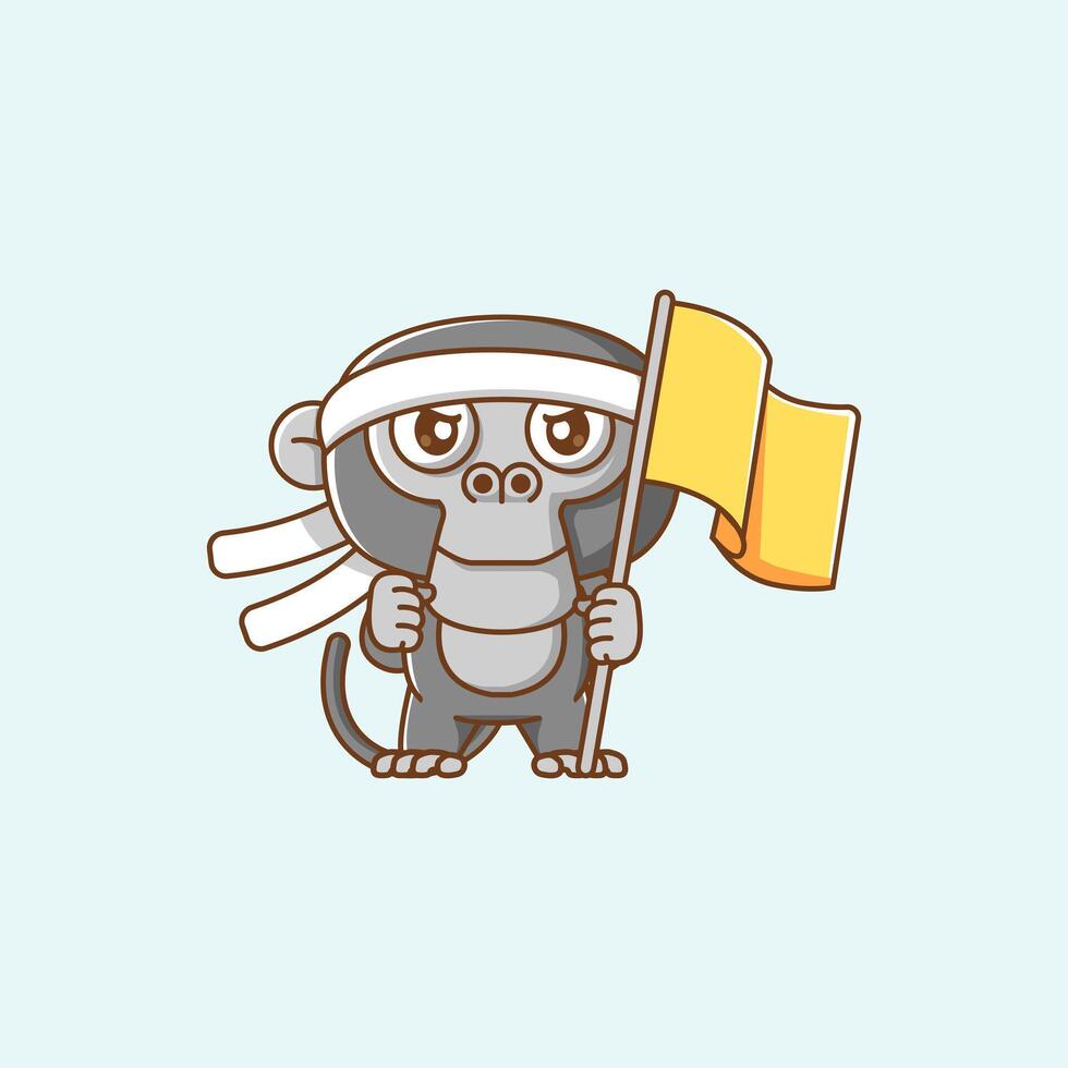 Cute chimpanzee shouting with the flag and headband kawaii chibi character mascot illustration outline style design vector