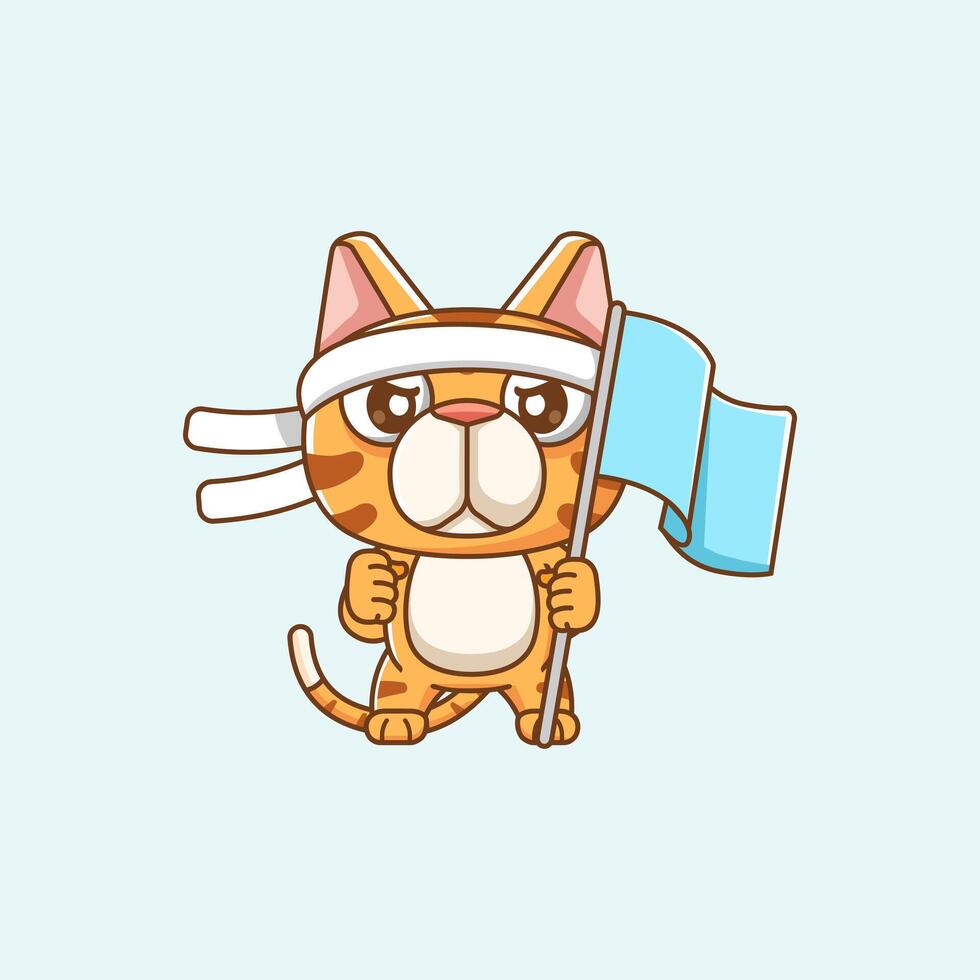 Cute stray cat shouting with the flag and headband kawaii chibi character mascot illustration outline style design vector