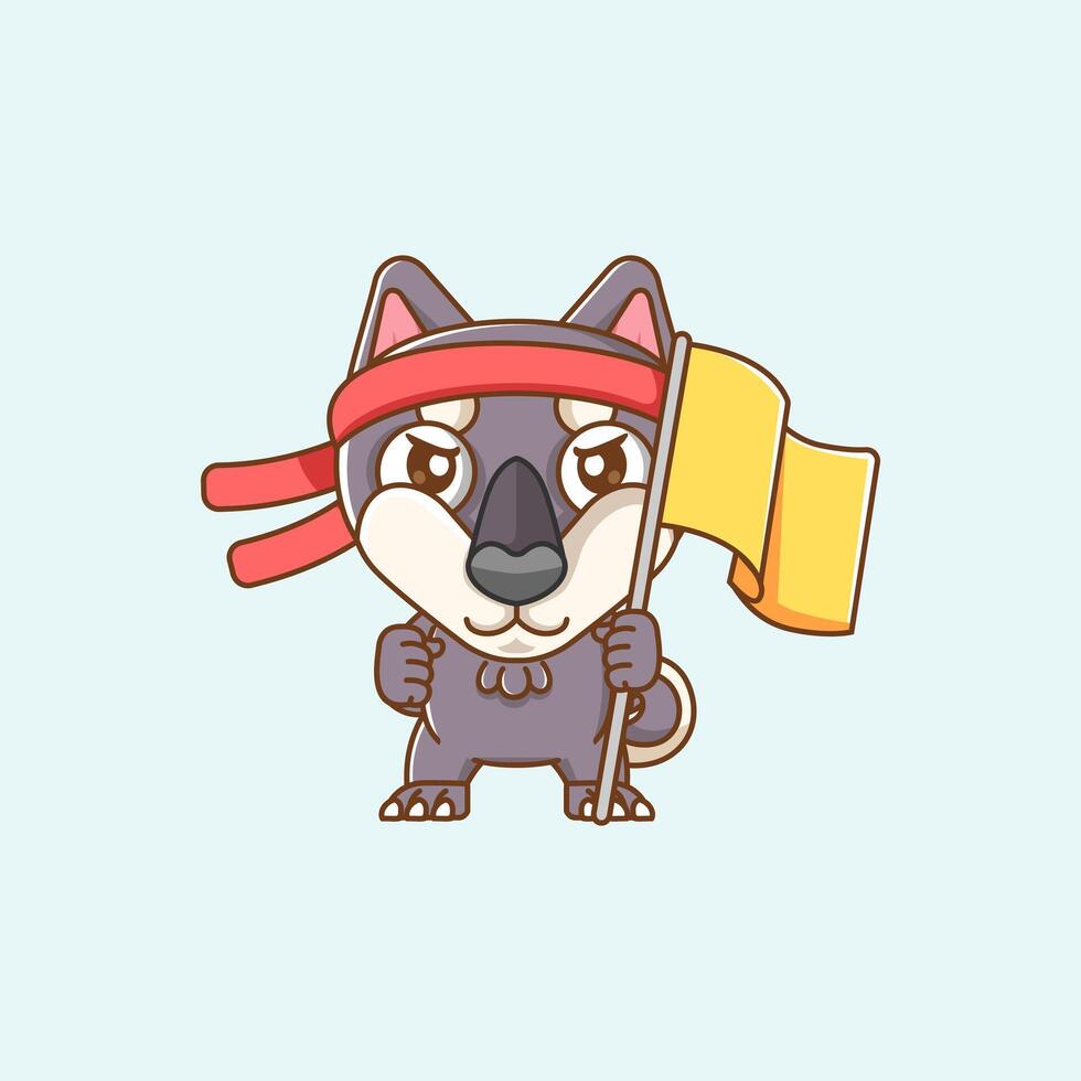 Cute dog shouting with the flag and headband kawaii chibi character mascot illustration outline style design vector