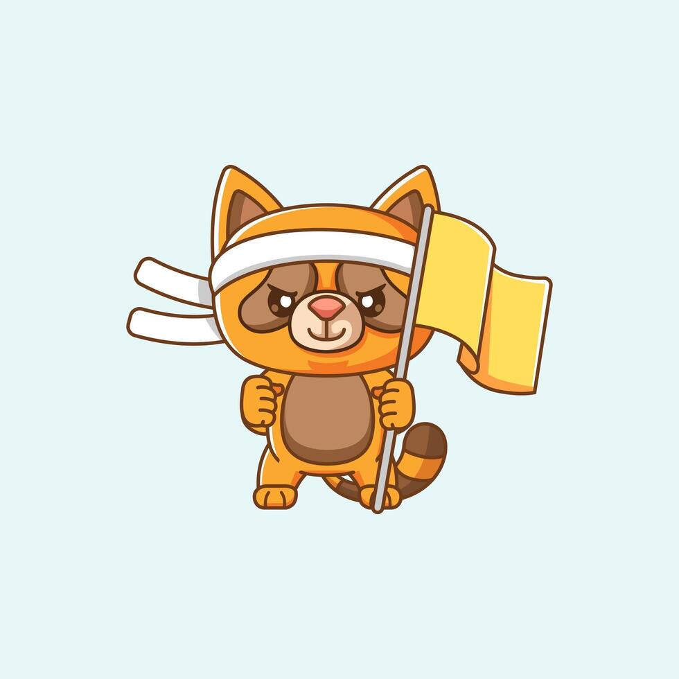 Cute raccoon shouting with the flag and headband kawaii chibi character mascot illustration outline style design vector
