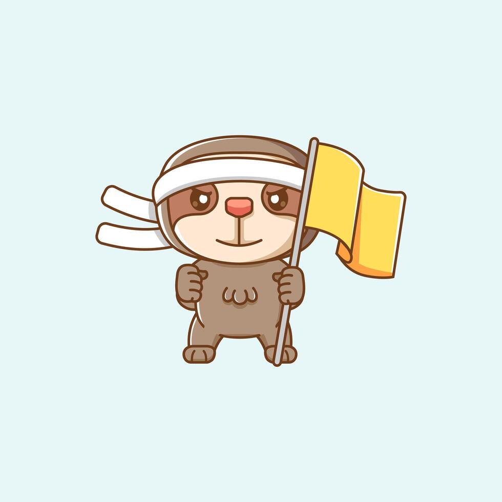Cute sloth shouting with the flag and headband kawaii chibi character mascot illustration outline style design vector