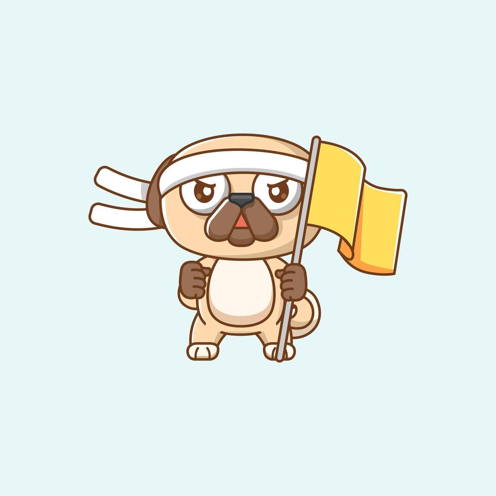 Cute pug dog shouting with the flag and headband kawaii chibi character mascot illustration outline style design vector