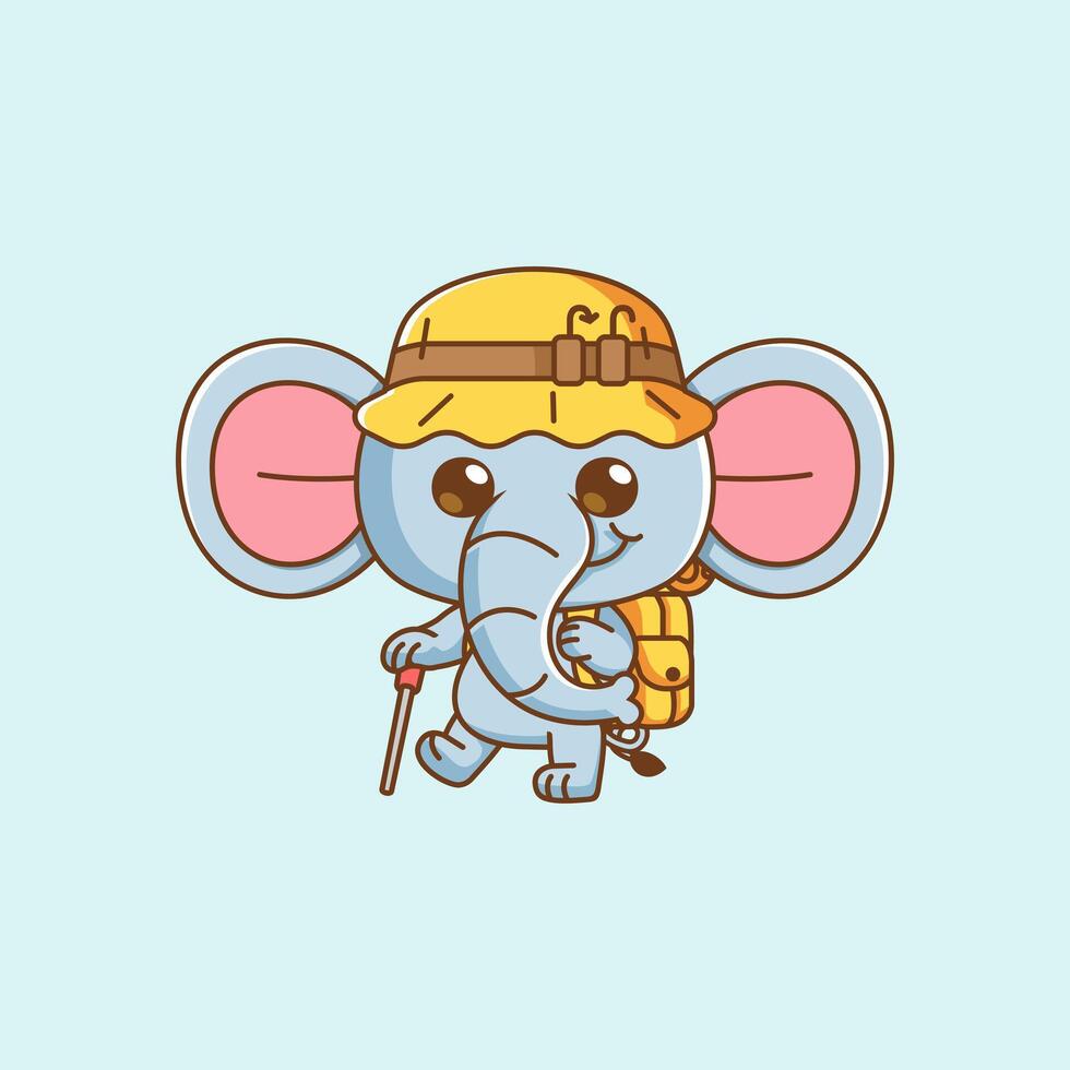 Cute elephant hiking camp kawaii chibi character mascot illustration outline style design vector
