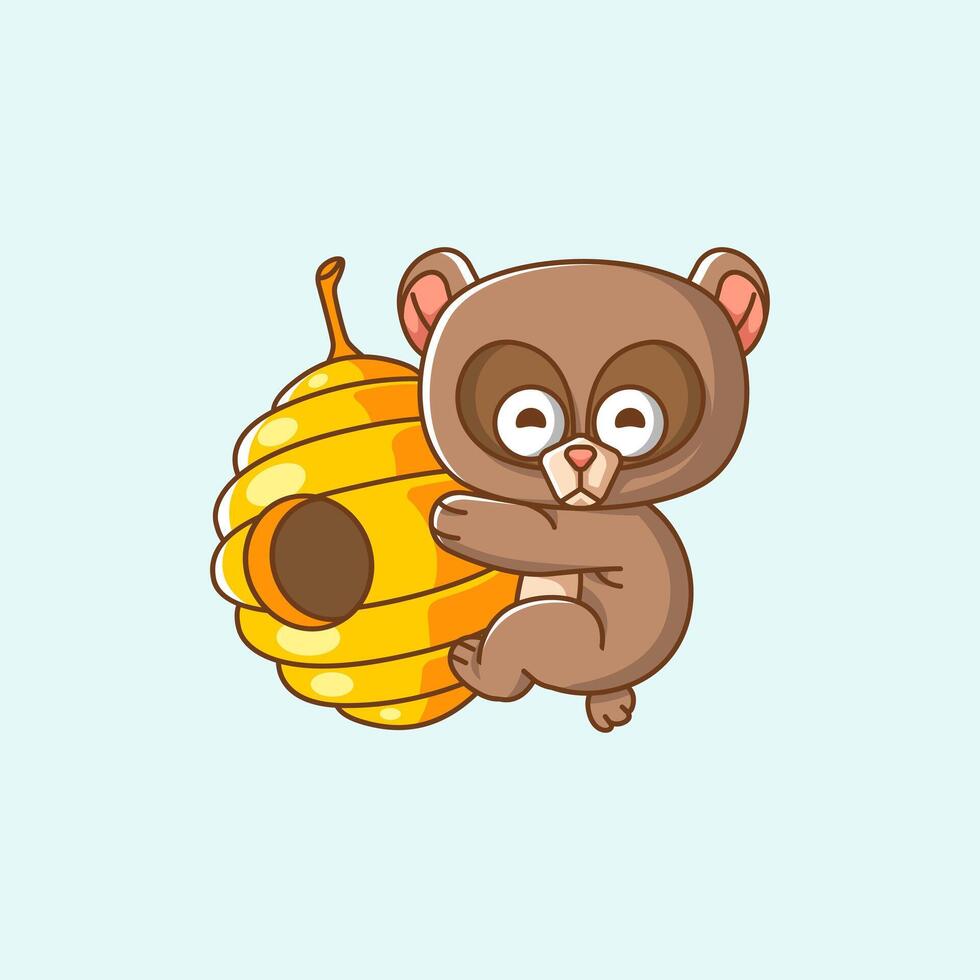 Cute bear hug honey hanging kawaii chibi character mascot illustration outline style vector