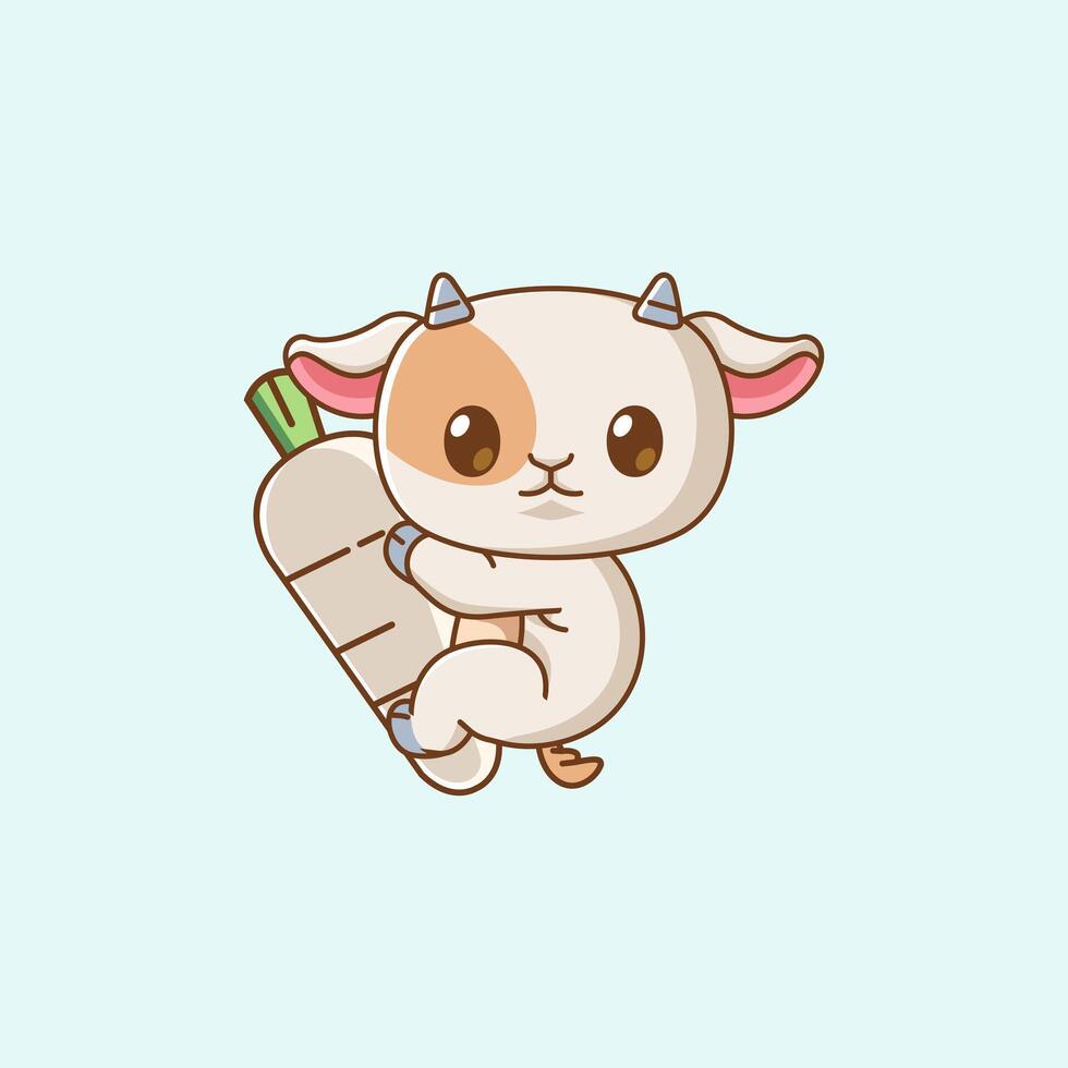 Cute goat hug turnip hanging kawaii chibi character mascot illustration outline style vector