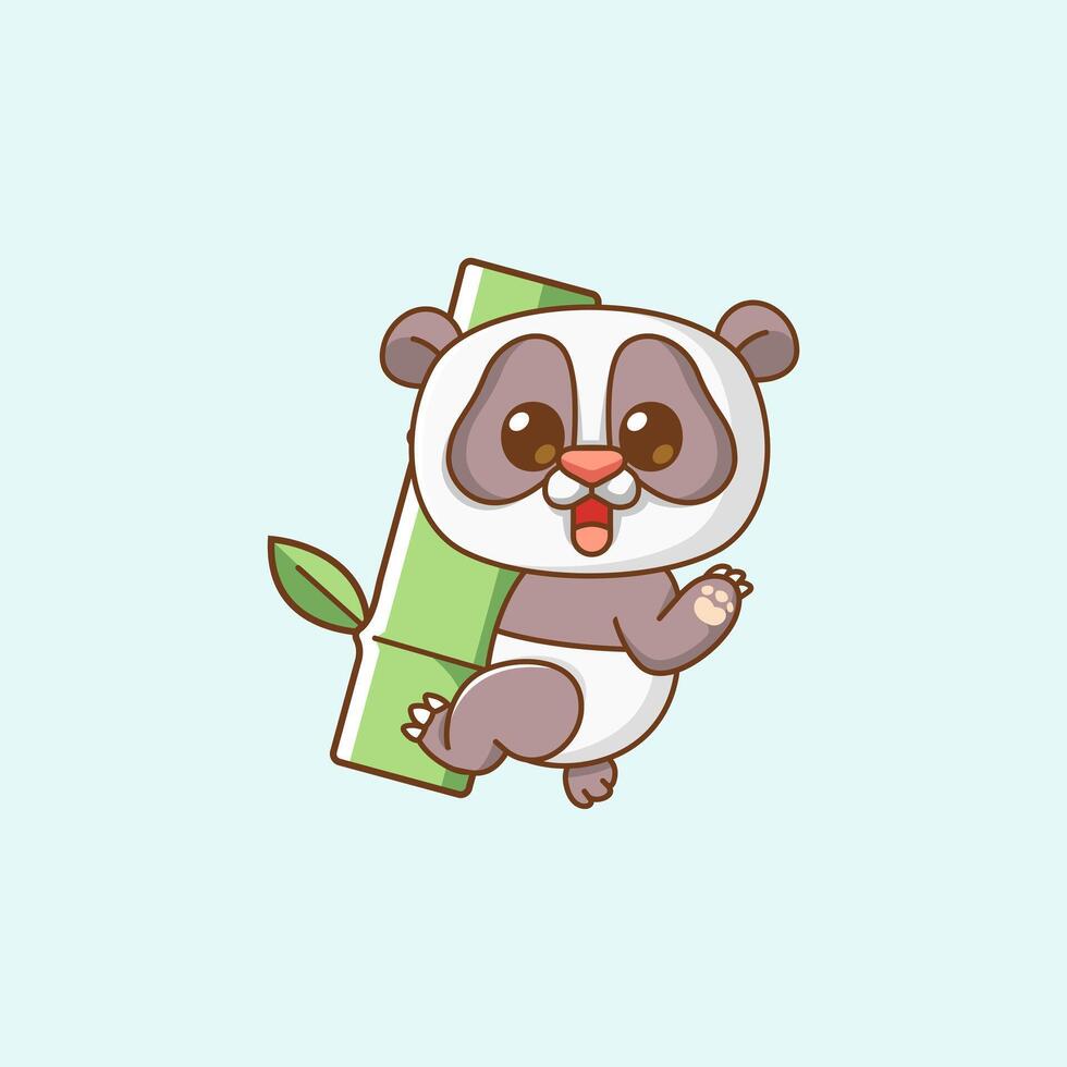 Cute panda hug bamboo hanging kawaii chibi character mascot illustration outline style vector