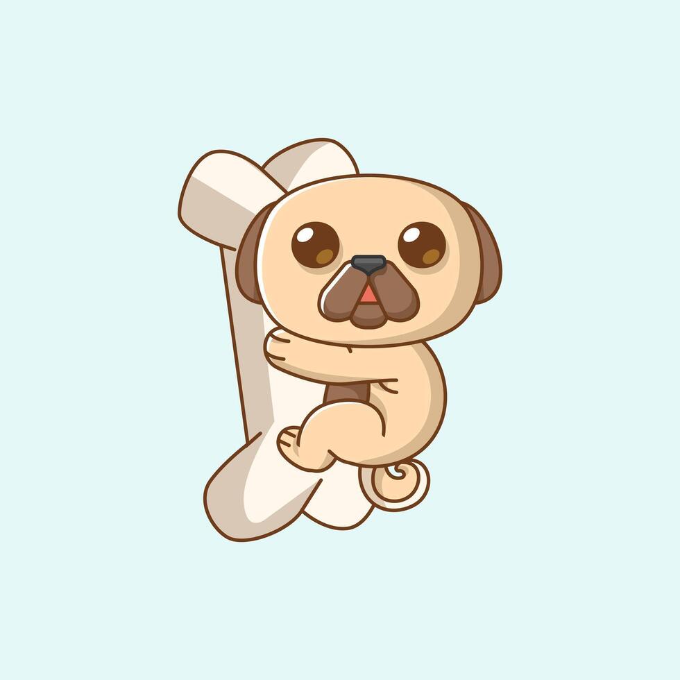 Cute pug dog hug bone hanging kawaii chibi character mascot illustration outline style vector