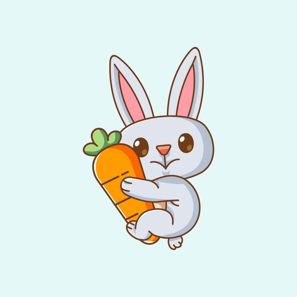 Cute rabbit hug carrot hanging kawaii chibi character mascot illustration outline style vector