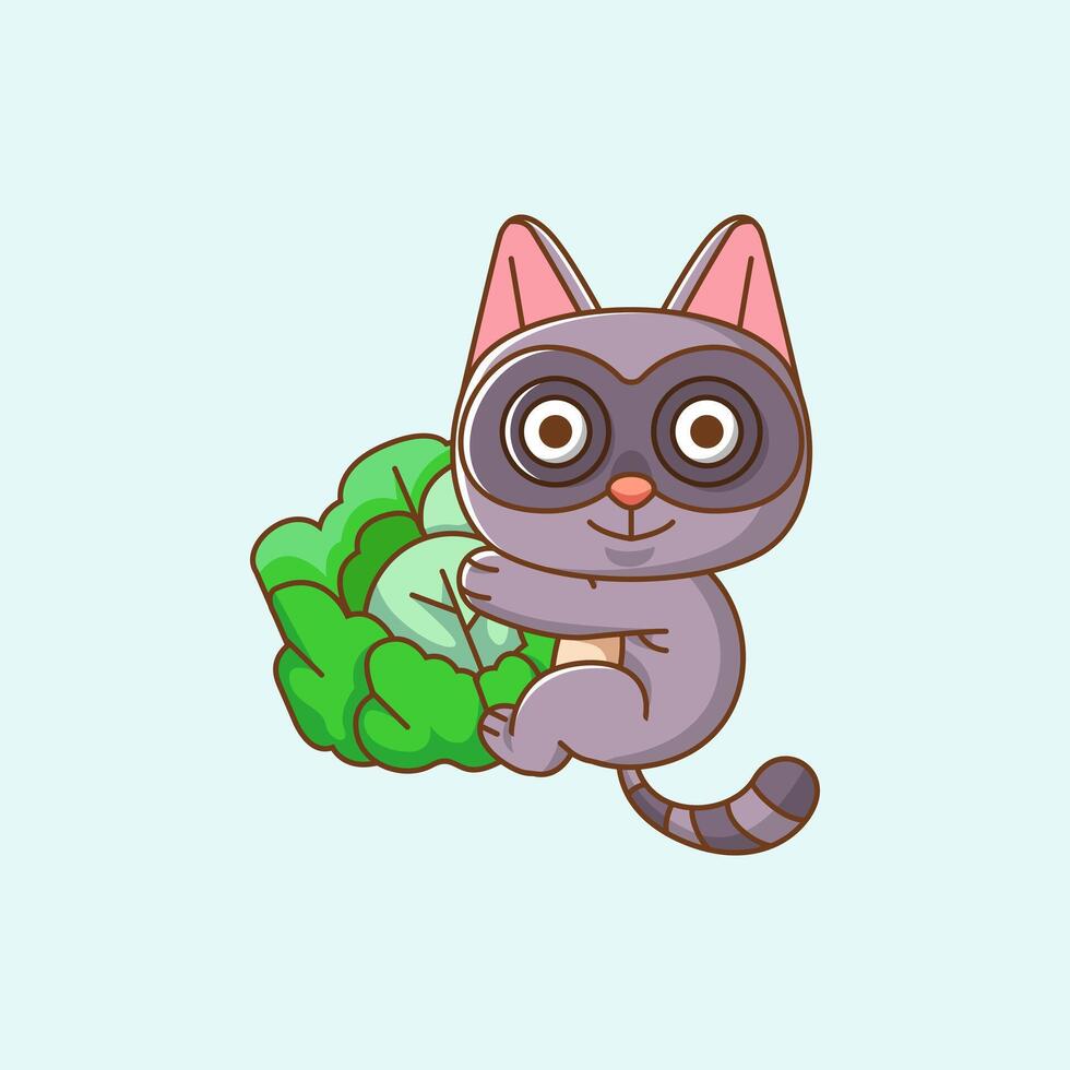 Cute raccoon hug cabbage hanging kawaii chibi character mascot illustration outline style vector