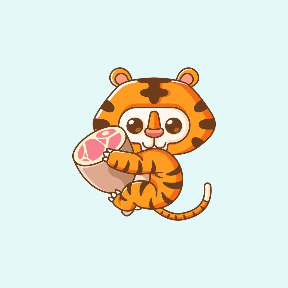 Cute tiger hug meat hanging kawaii chibi character mascot illustration outline style vector