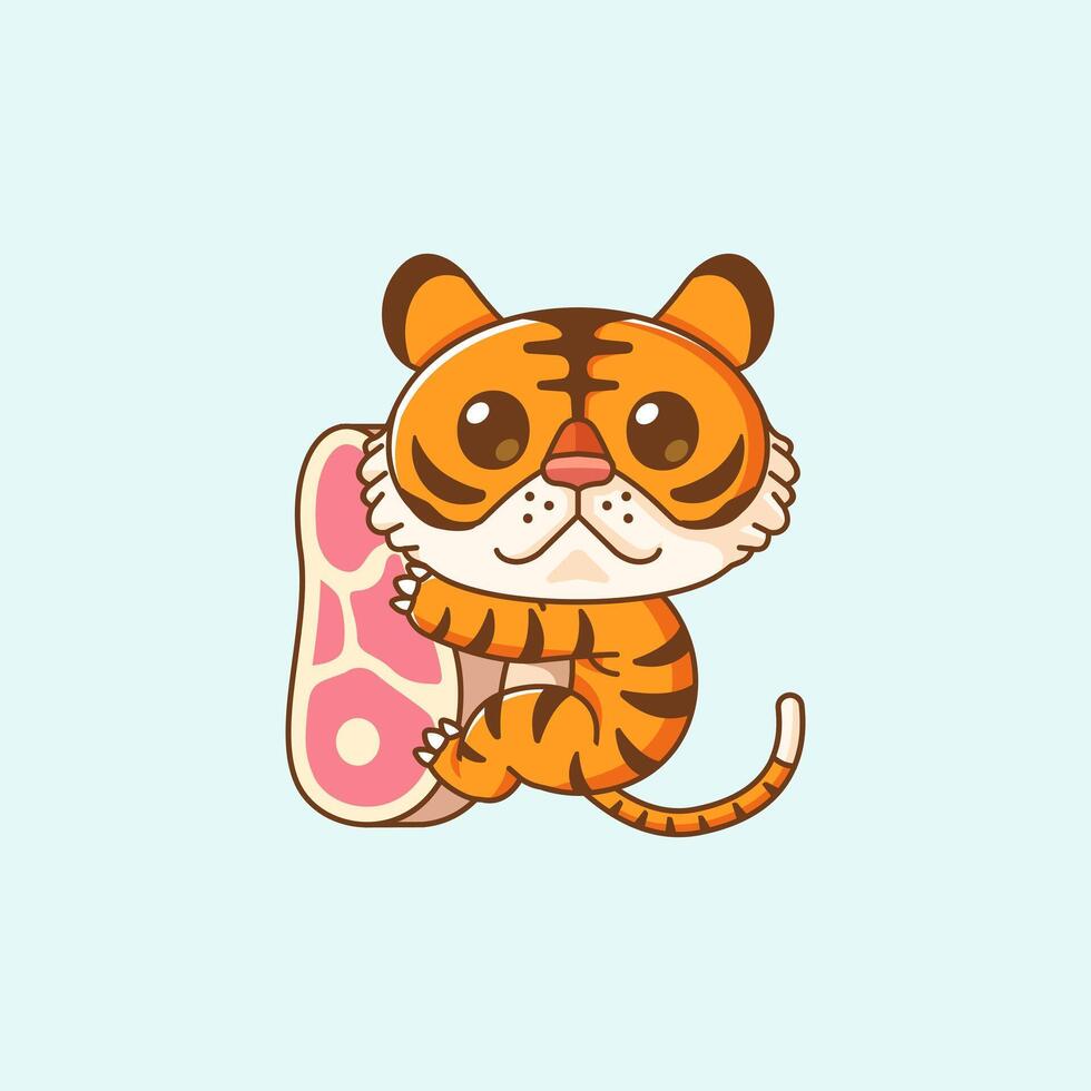 Cute tiger hug meat hanging kawaii chibi character mascot illustration outline style vector