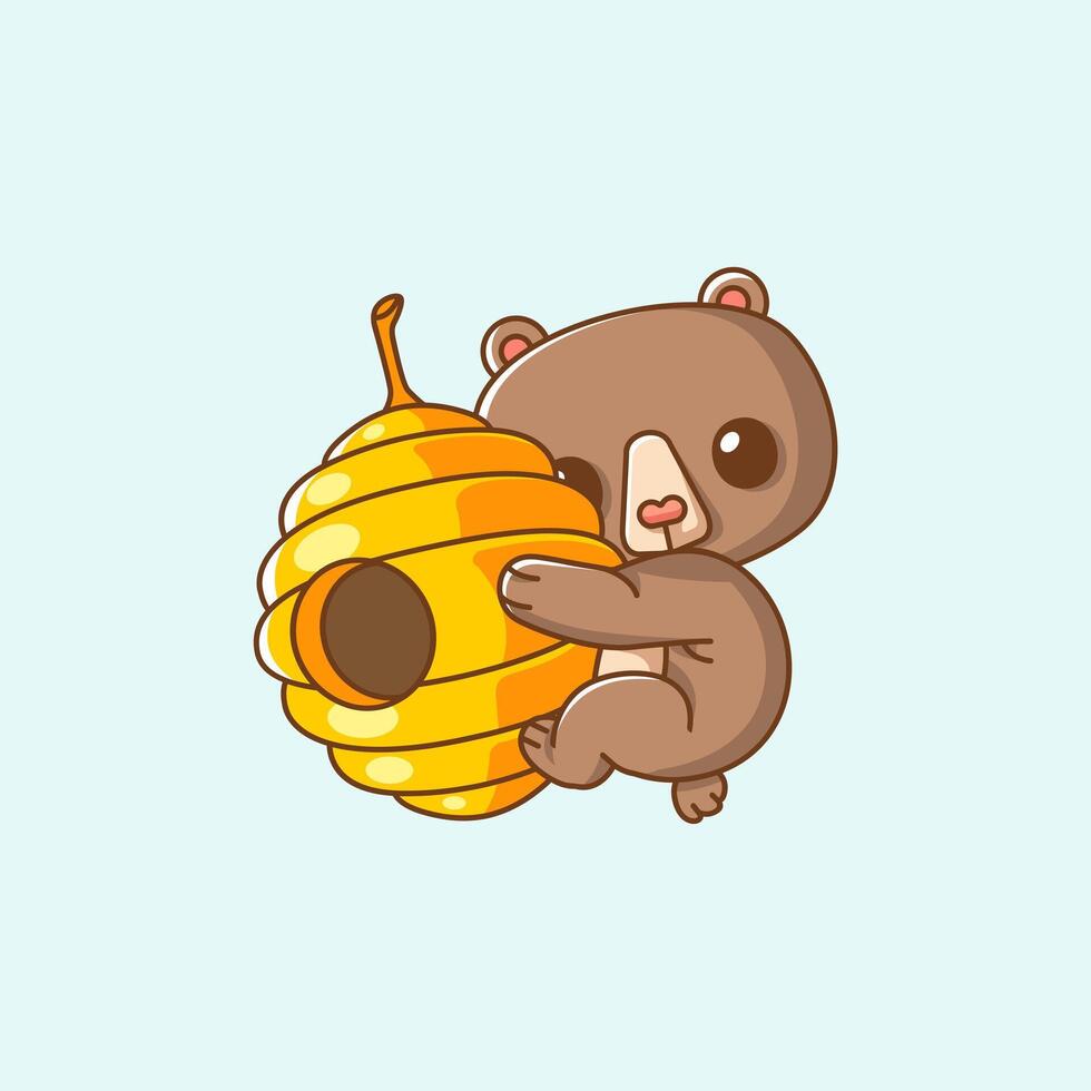 Cute bears hug honey hanging kawaii chibi character mascot illustration outline style vector