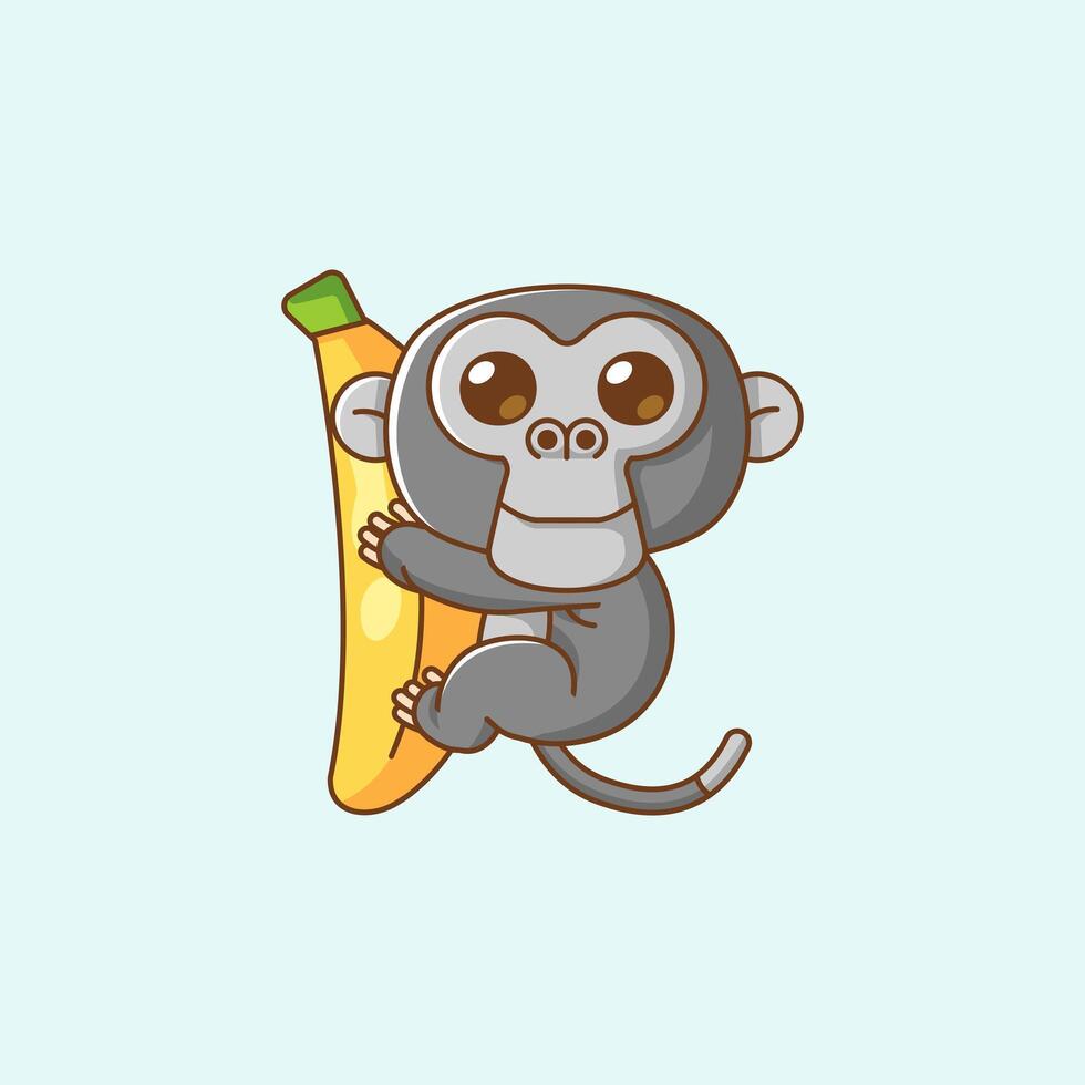 Cute chimpanzee hug banana hanging kawaii chibi character mascot illustration outline style vector