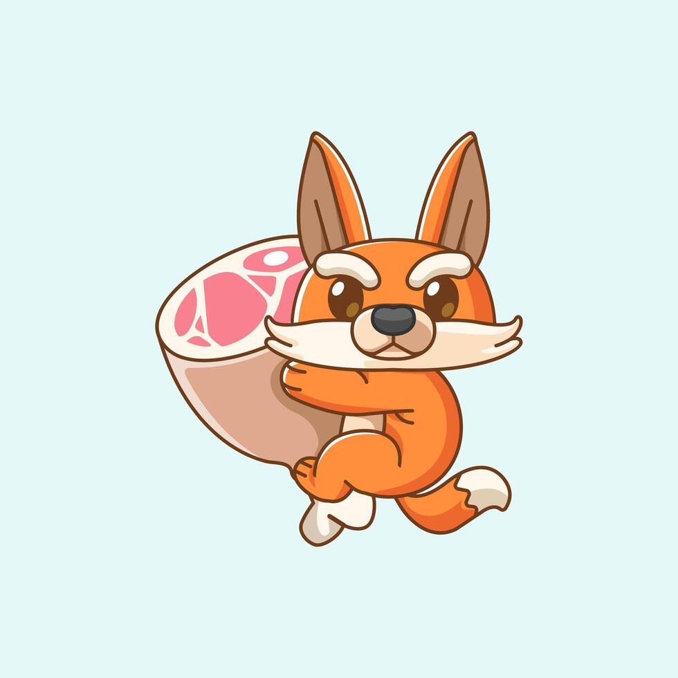 Cute fox hug meat hanging kawaii chibi character mascot illustration outline style vector