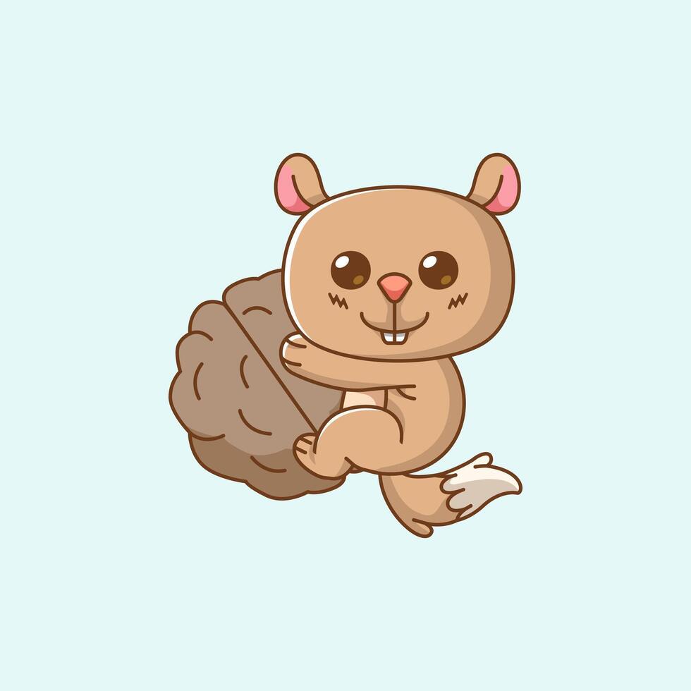Cute squirrel hug nut hanging kawaii chibi character mascot illustration outline style vector