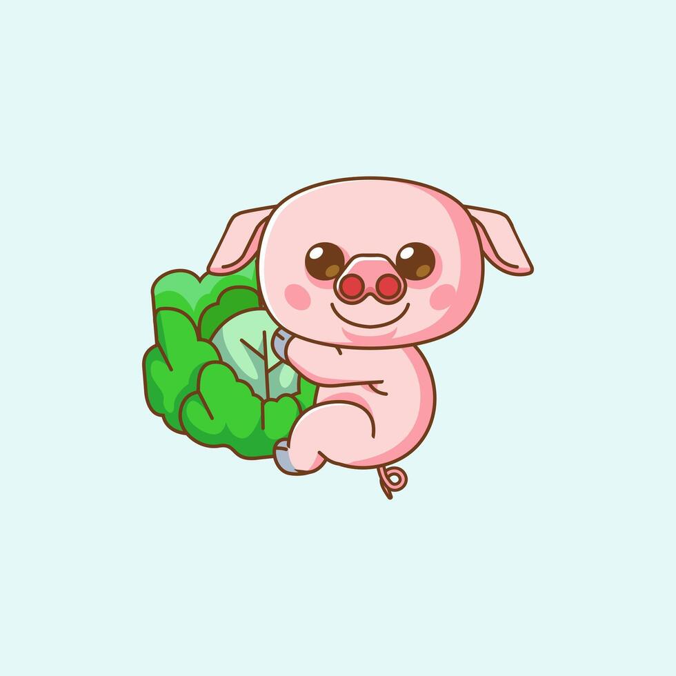Cute pig hug cabbage hanging kawaii chibi character mascot illustration outline style vector