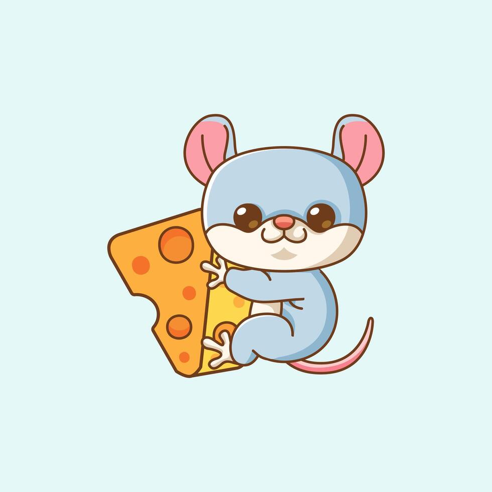Cute mouse hug cheese hanging kawaii chibi character mascot illustration outline style vector