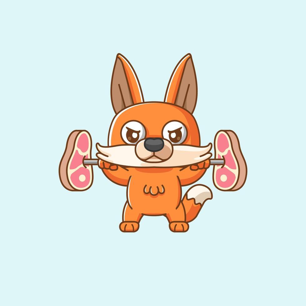 Cute fox lifting meat barbel food kawaii chibi character mascot illustration outline style design vector