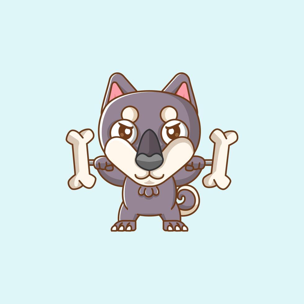 Cute dog lifting bone barbel food kawaii chibi character mascot illustration outline style design vector