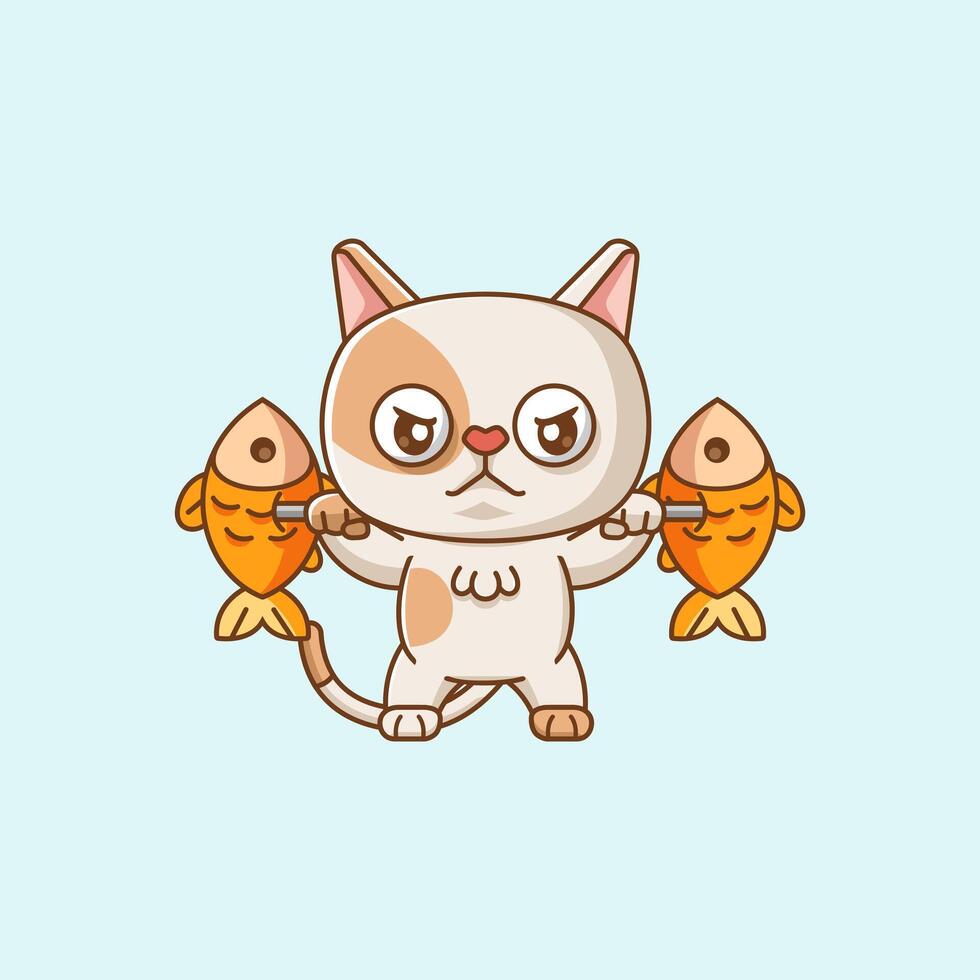 Cute cat lifting fish barbel food kawaii chibi character mascot illustration outline style design vector