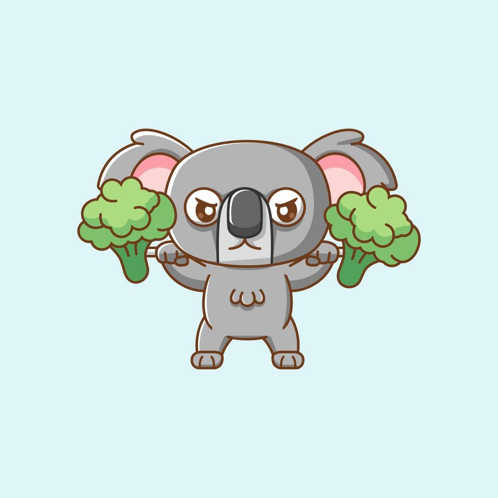 Cute koala lifting vegetable barbel food kawaii chibi character mascot illustration outline style design vector