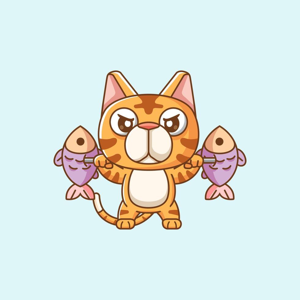 Cute cat lifting fish barbel food kawaii chibi character mascot illustration outline style design vector