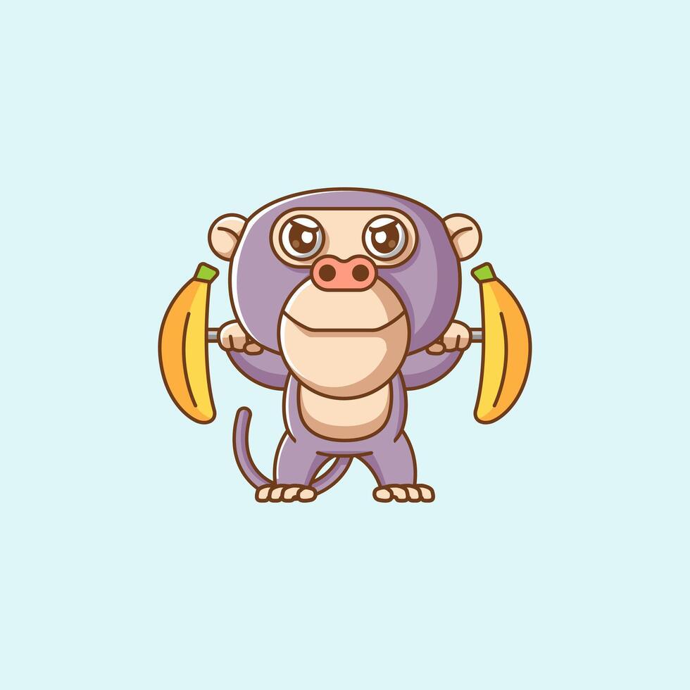 Cute monkey lifting banana barbel food kawaii chibi character mascot illustration outline style design vector