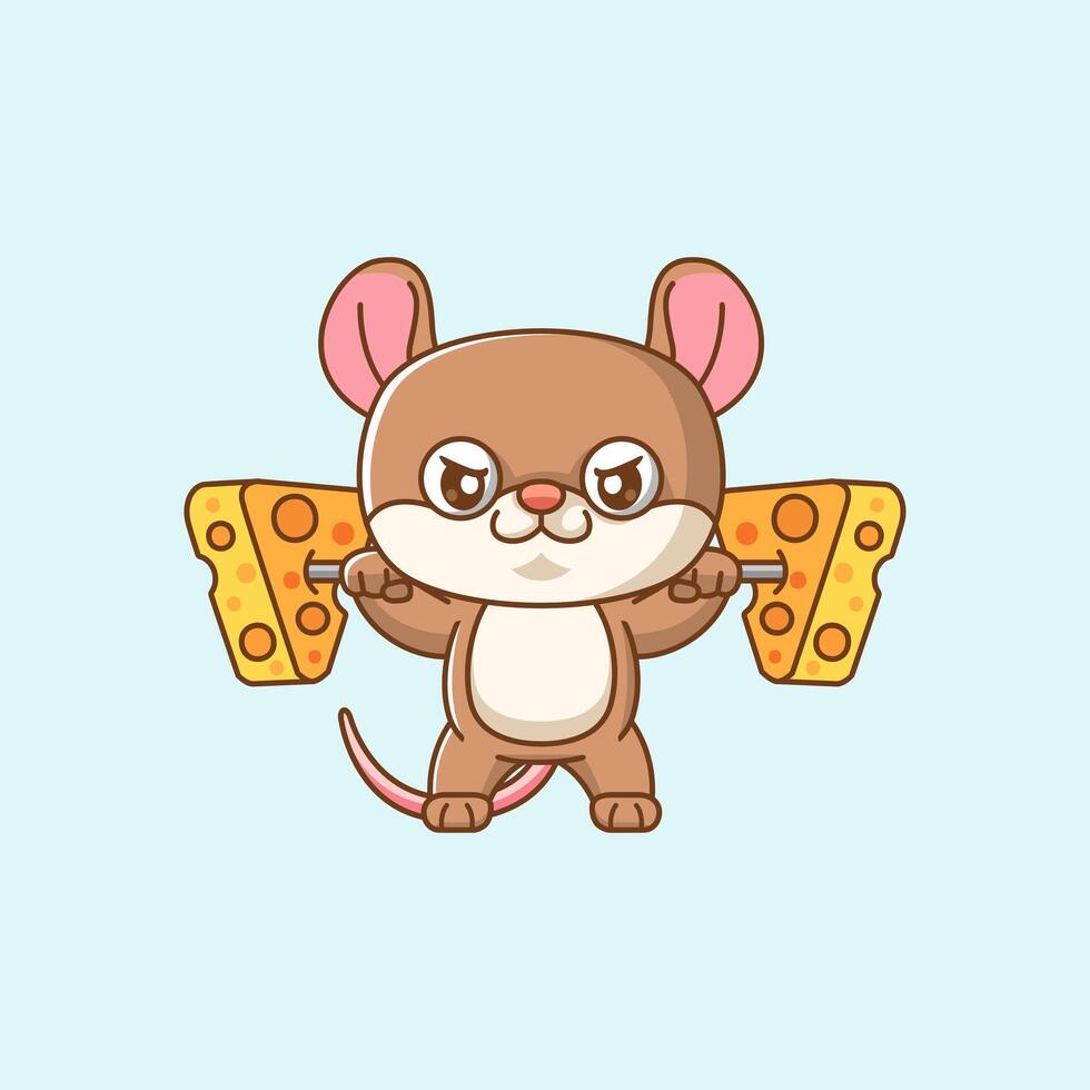 Cute mouse lifting cheese barbel food kawaii chibi character mascot illustration outline style design vector