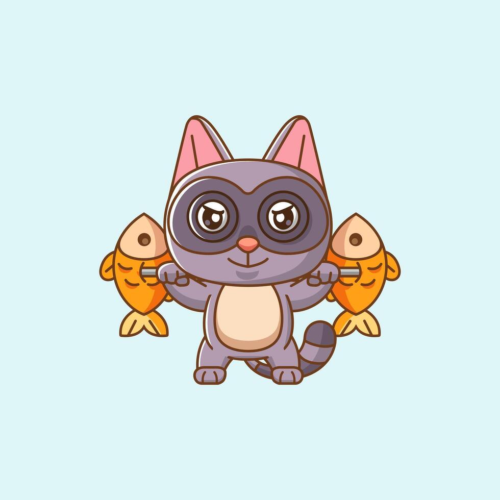 Cute raccoon lifting fish barbel food kawaii chibi character mascot illustration outline style design vector