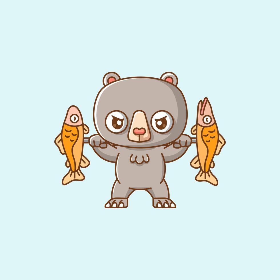 Cute bear lifting fish barbel food kawaii chibi character mascot illustration outline style design vector