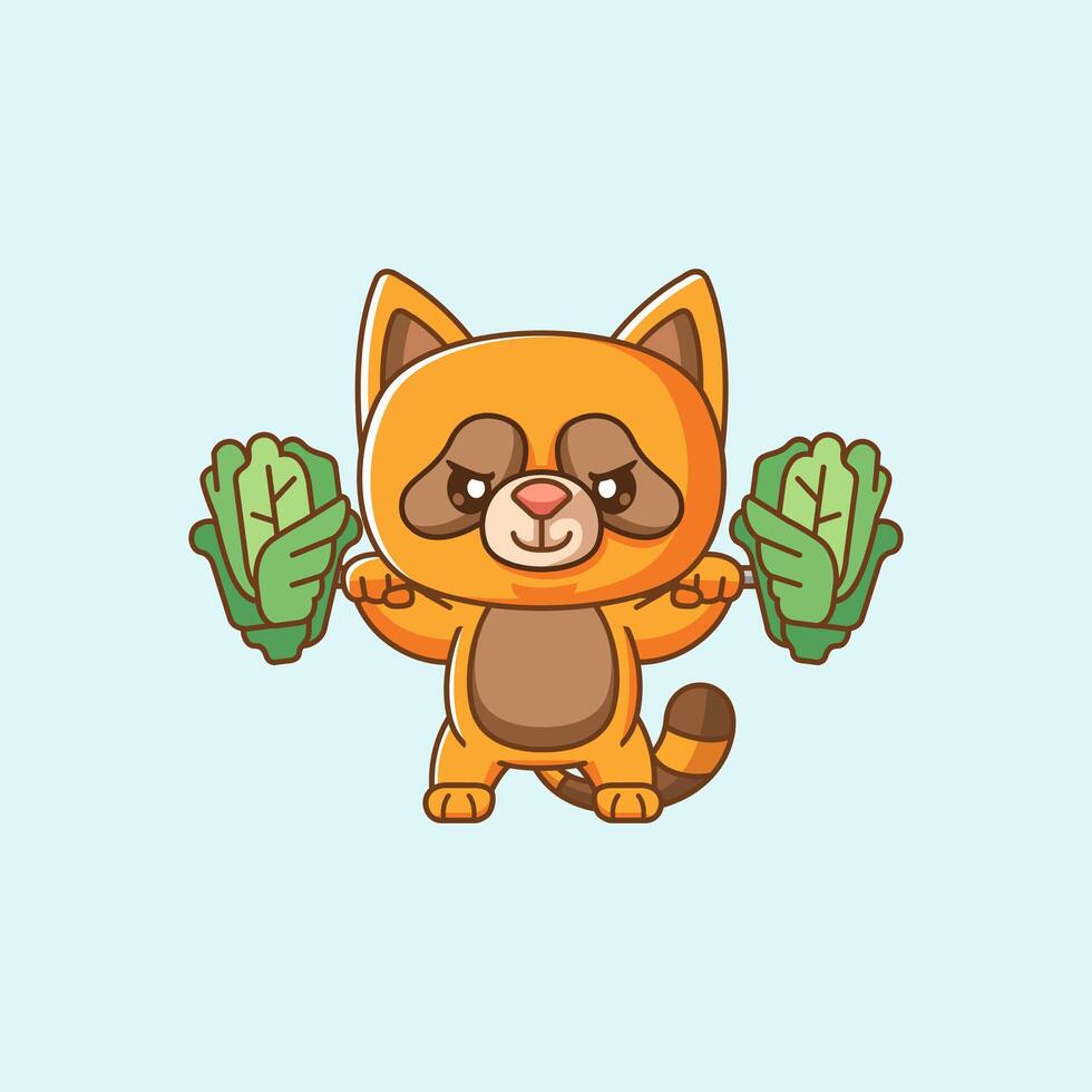 Cute raccoon lifting vegetable barbel food kawaii chibi character mascot illustration outline style design vector