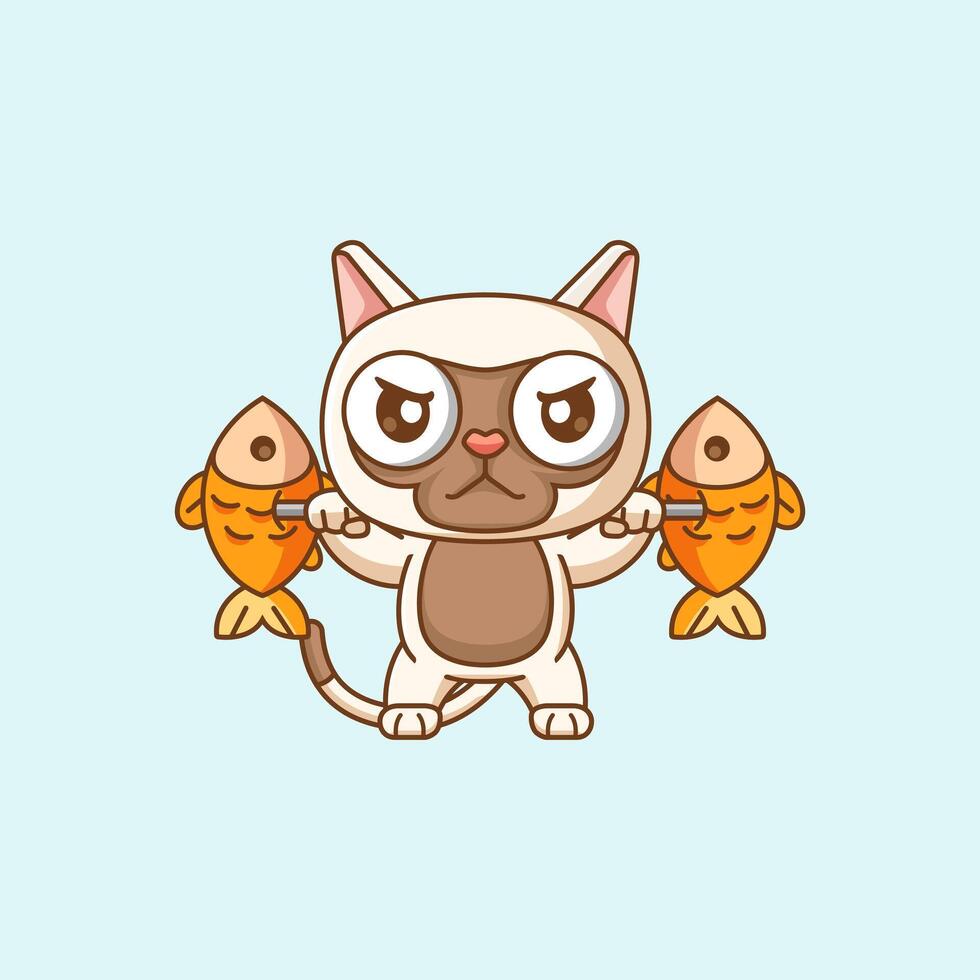 Cute cat lifting fish barbel food kawaii chibi character mascot illustration outline style design vector
