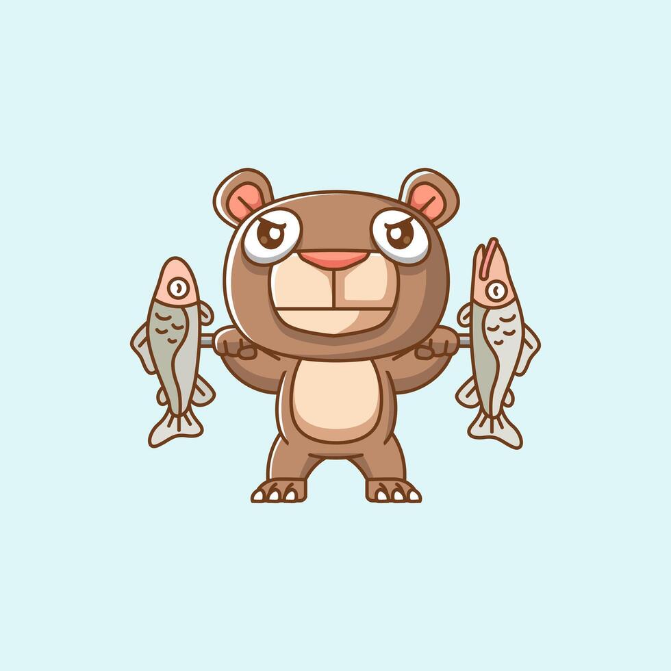 Cute bear lifting fish barbel food kawaii chibi character mascot illustration outline style design vector