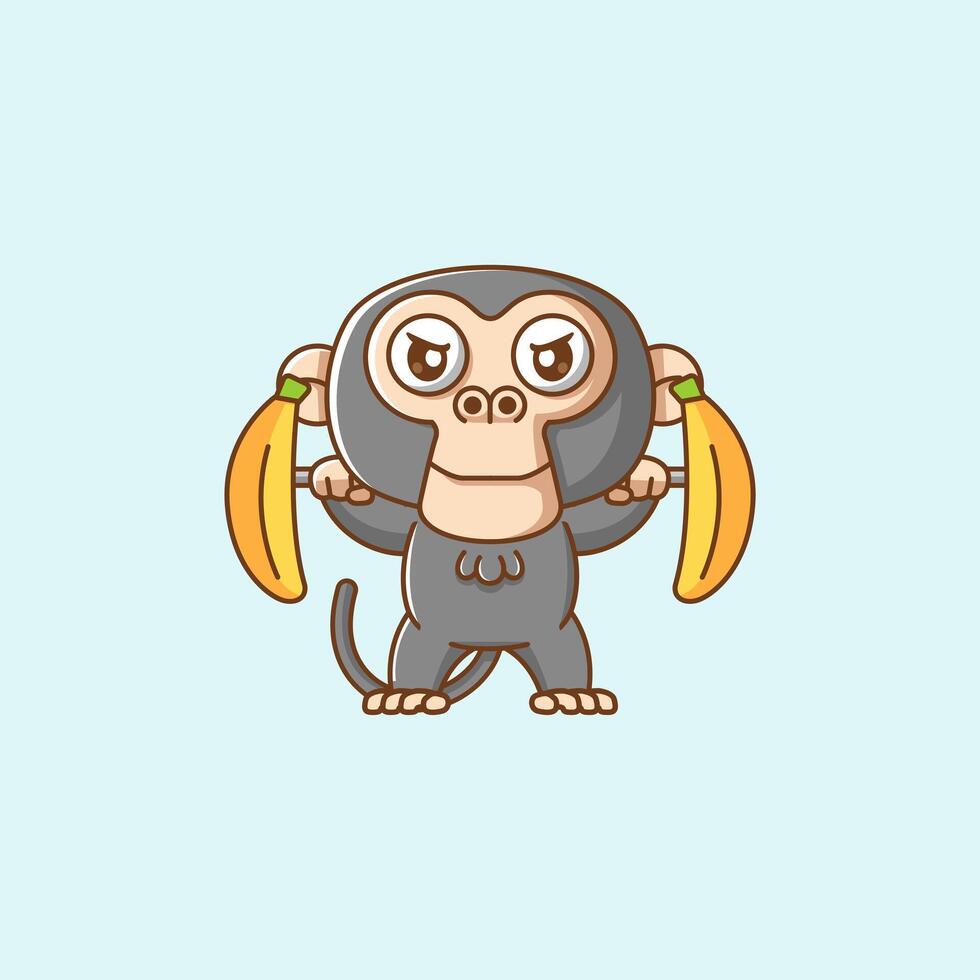 Cute monkey lifting banana barbel food kawaii chibi character mascot illustration outline style design vector