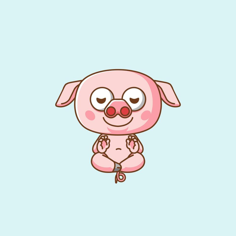 Cute pig meditation yoga kawaii chibi character mascot illustration outline style design vector