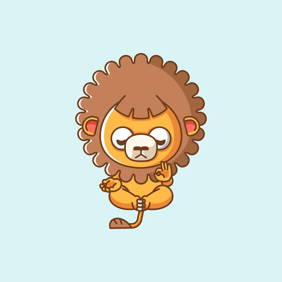 Cute lion meditation yoga kawaii chibi character mascot illustration outline style design vector