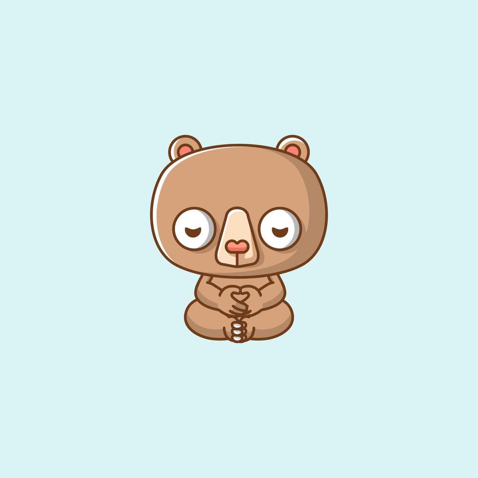 Cute bear meditation yoga kawaii chibi character mascot illustration outline style design vector