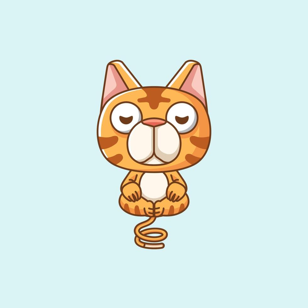 Cute cat meditation yoga kawaii chibi character mascot illustration outline style design vector