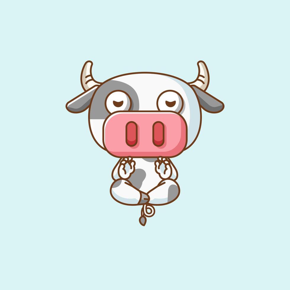 Cute cow meditation yoga kawaii chibi character mascot illustration outline style design vector