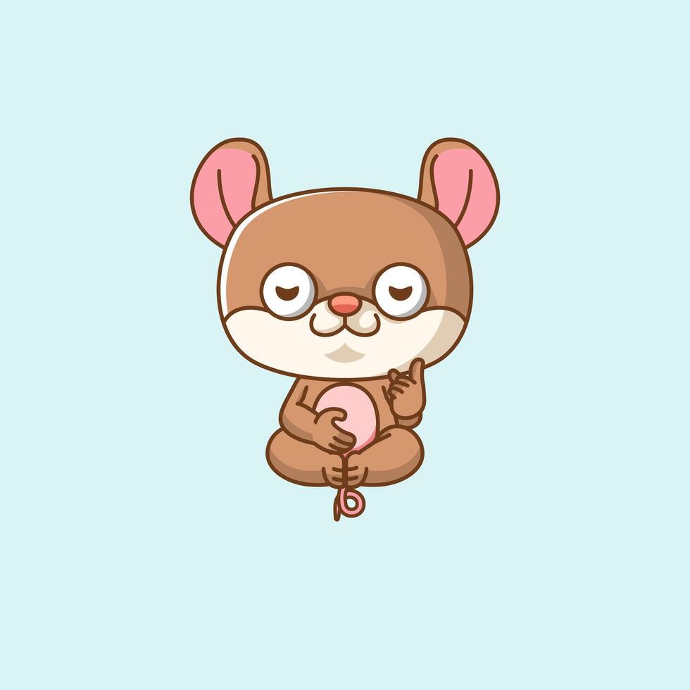 Cute mouse meditation yoga kawaii chibi character mascot outline style design vector