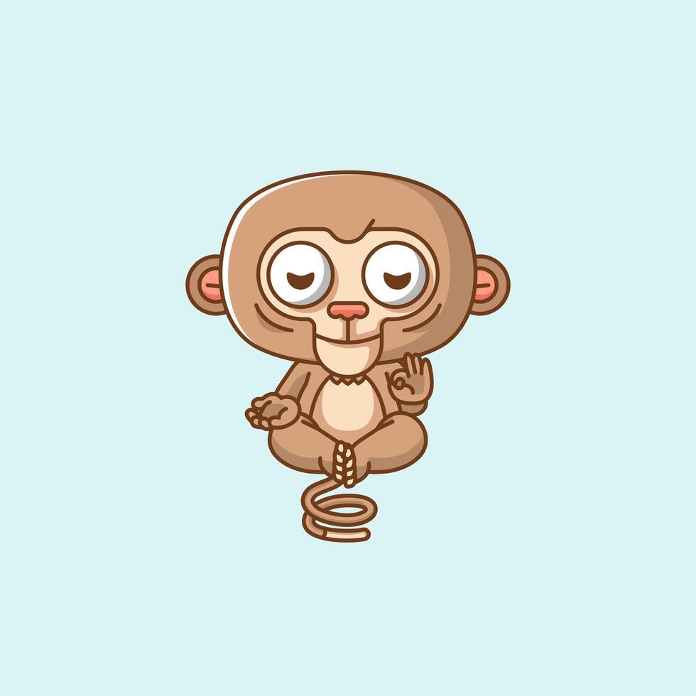 Cute monkey meditation yoga kawaii chibi character mascot illustration outline style design vector