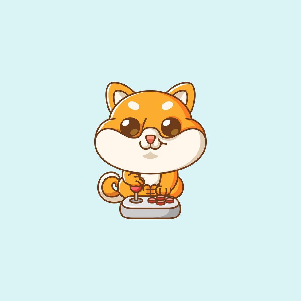 Cute shiba inu dog Gamer Playing Game with joystick kawaii chibi character mascot illustration outline style design vector